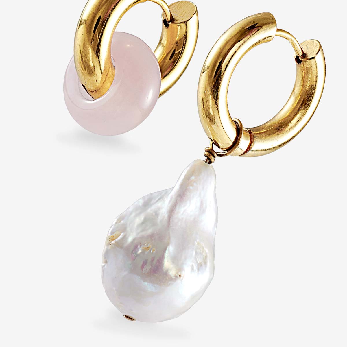 Baroque pearl and rose quartz earrings - Perlenohrringe - 24k vergoldet