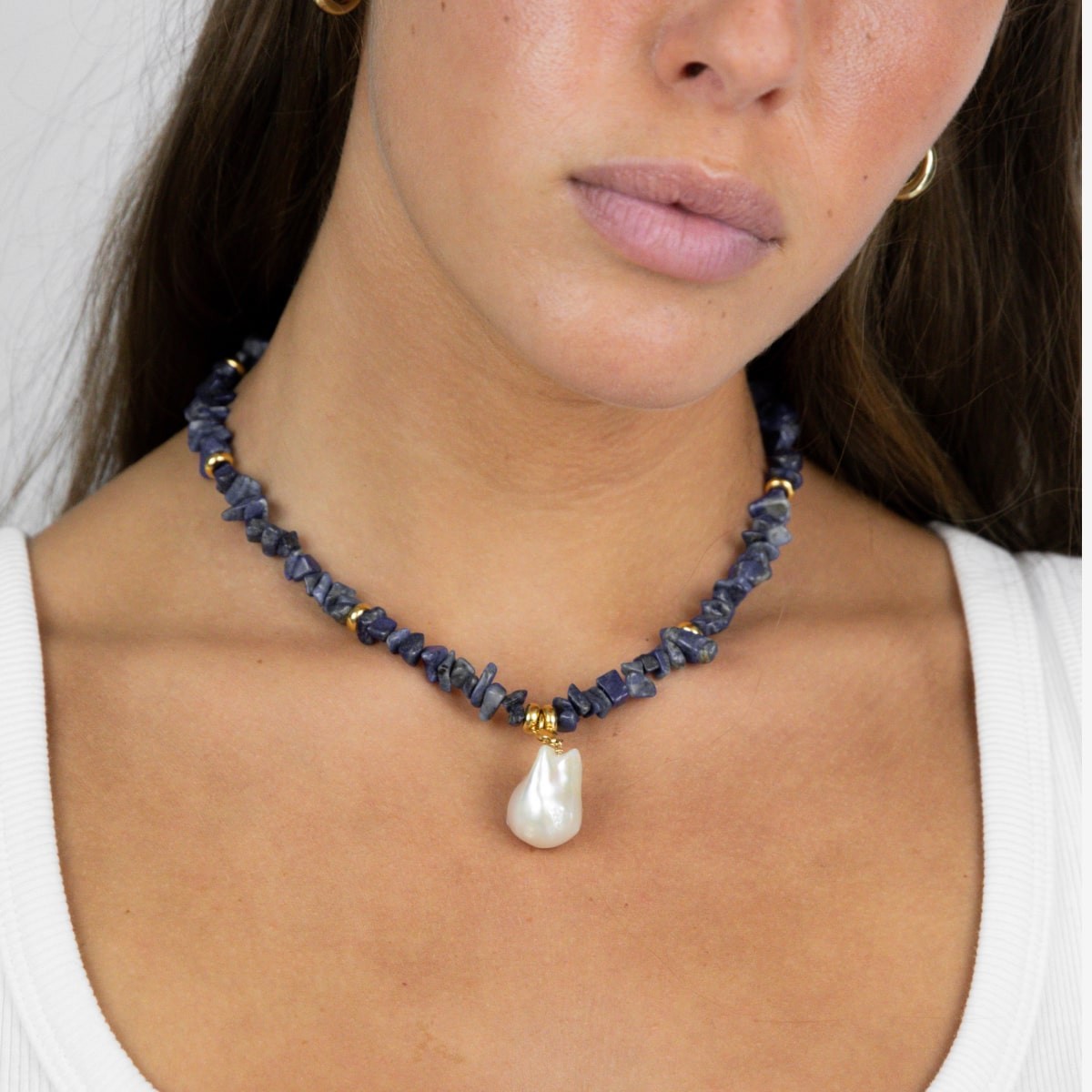 Blue Lapis Chain with Pearl - Halsketten - 18k vergoldet